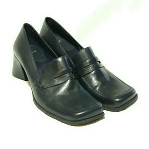 Navy Blue Penny Loafer Block Heels